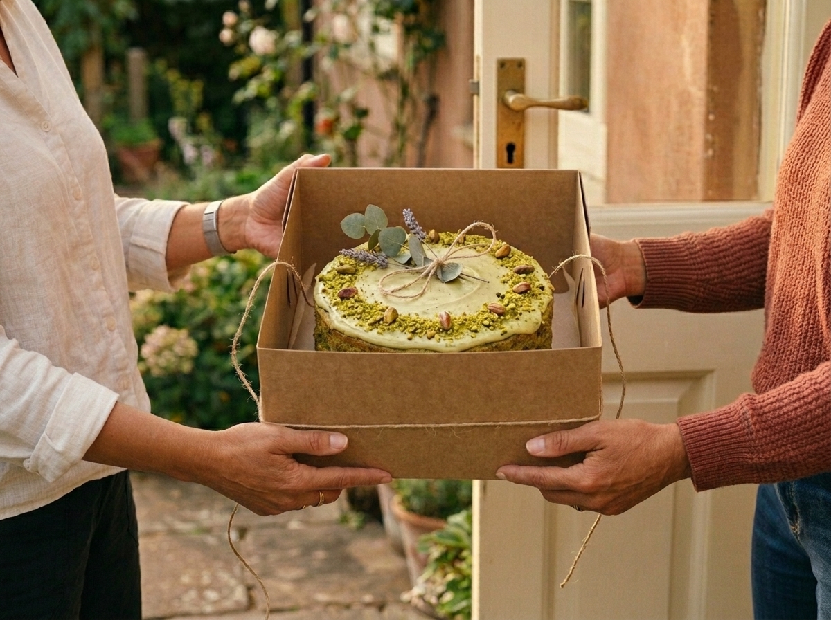 Mujer entregando una caja con pastel decorado a su clienta en la puerta
