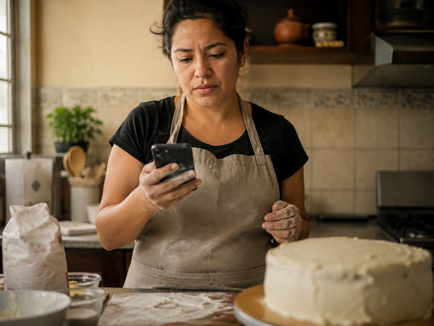 Mujer repostera mirando su celular en la cocina con expresión de duda