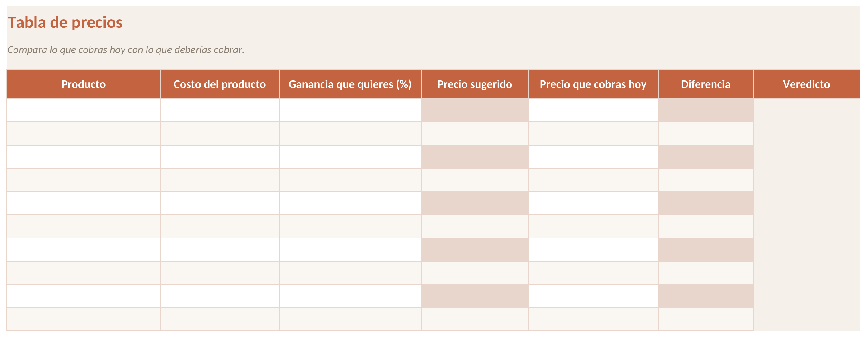 Planilla Tabla de precios