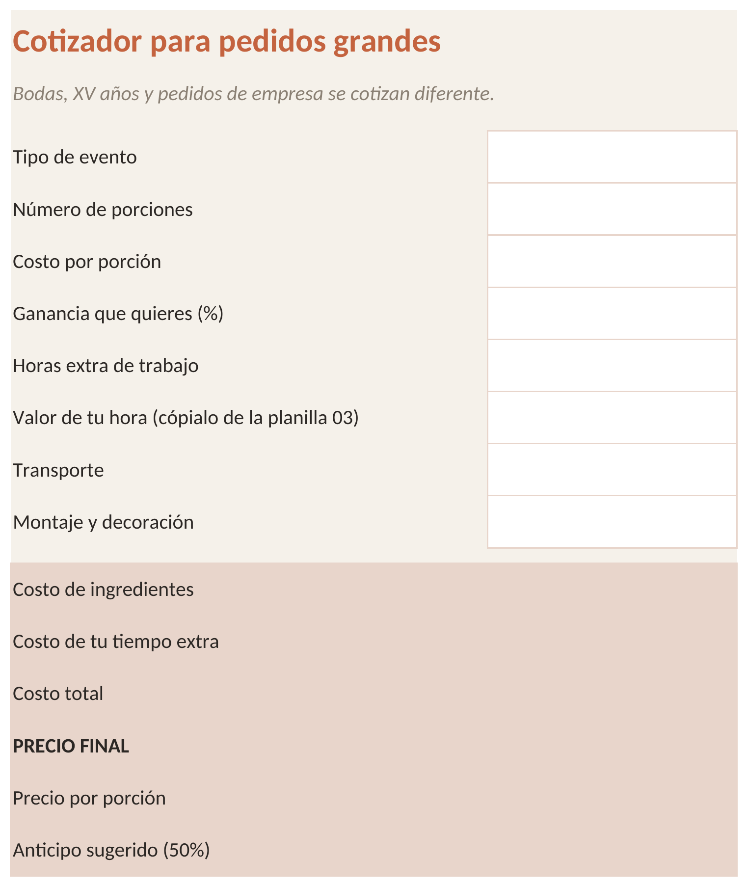 Planilla Cotizador para pedidos grandes